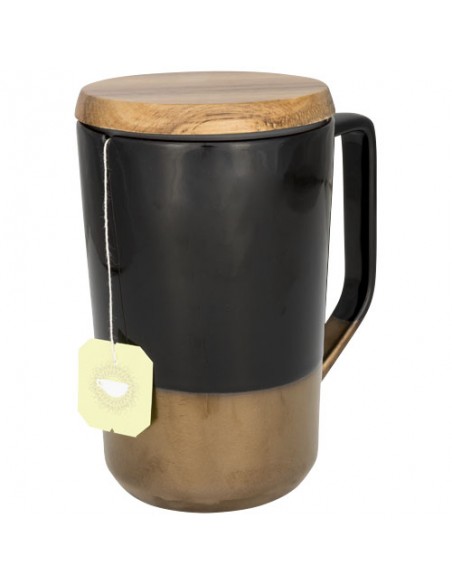 Tasse en ceramique pour cafe et the Tahoe avec couvercle en bois 470ml